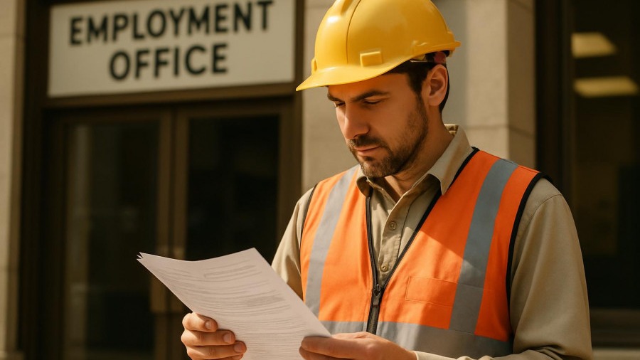 Man in hard hat outside employment office reviewing health care papers, focusing on mental health issues.