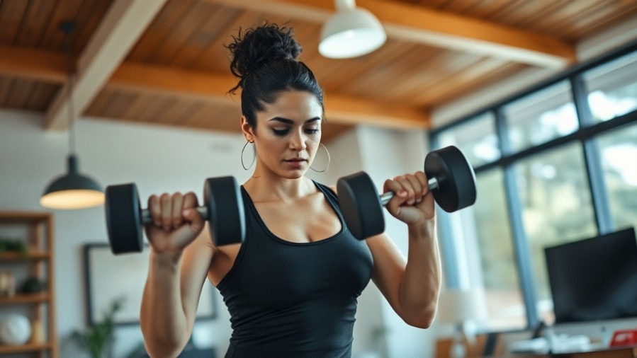 Active woman doing winter travel workouts with dumbbells in a stylish living room.
