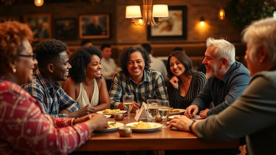 Middle-aged black and Hispanic friends enjoying a meal, representing support for Aging MS Patients.