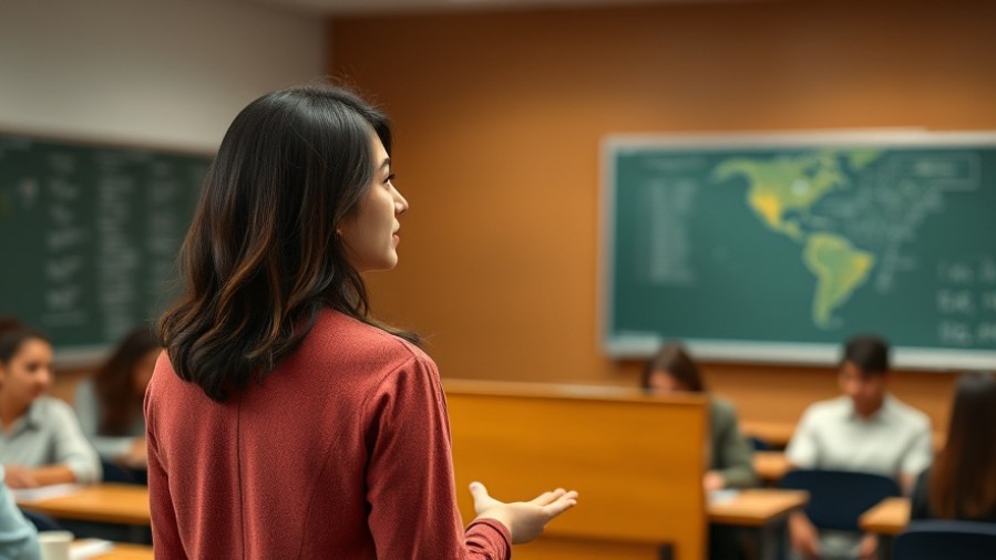 Hispanic female lecturer demonstrating positive stress and mental resilience in class.