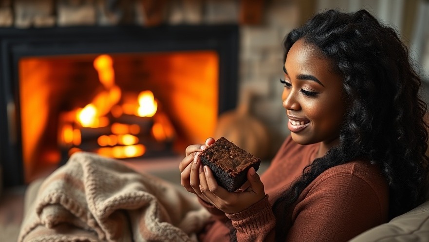 Young black woman practicing moderation in diet while enjoying a brownie by a cozy fire.