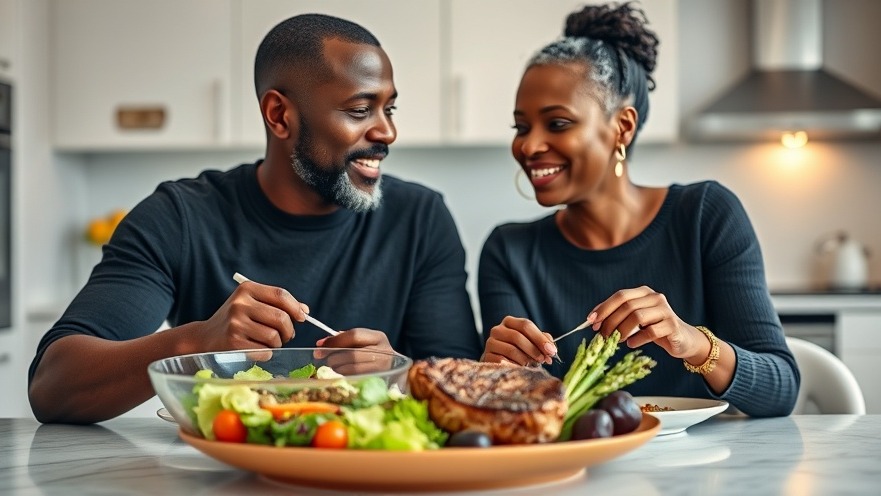 Middle aged Black couple enjoying a healthy meal, promoting nutrition and mental health.
