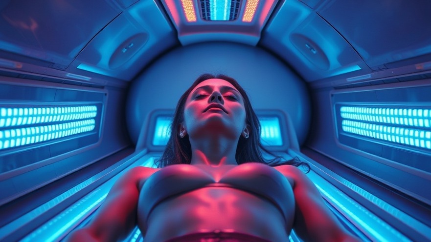 A person in a modern tanning bed under UV light, highlighting sunscreen safety concerns.