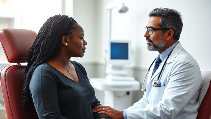 Black female patient with Indian doctor discussing health equity in a bright exam room.