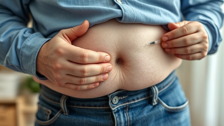 Overweight person self-injecting GLP-1 medications; highlights pancreatitis symptoms.