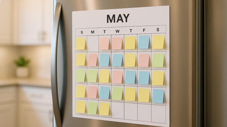 May calendar on stainless steel fridge with colorful sticky notes, bright kitchen