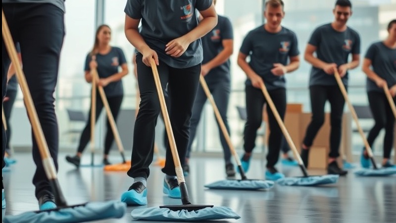 Energetic cleaning workers in blue shoe covers sweeping a spacious office.