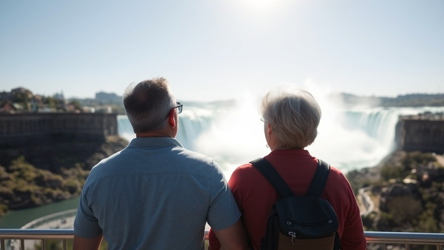 Middle-aged couple at Niagara Falls, embracing summer wellness tips and travel hydration.