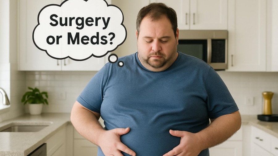 Overweight man pondering 'Surgery or Meds?' for obesity treatment in a bright kitchen.