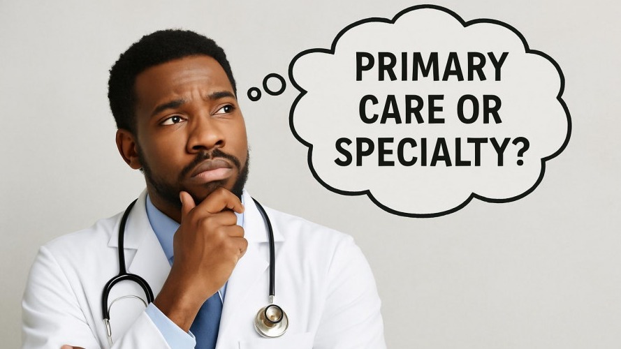 Black male doctor contemplating primary care vs specialty medicine in preventive health.