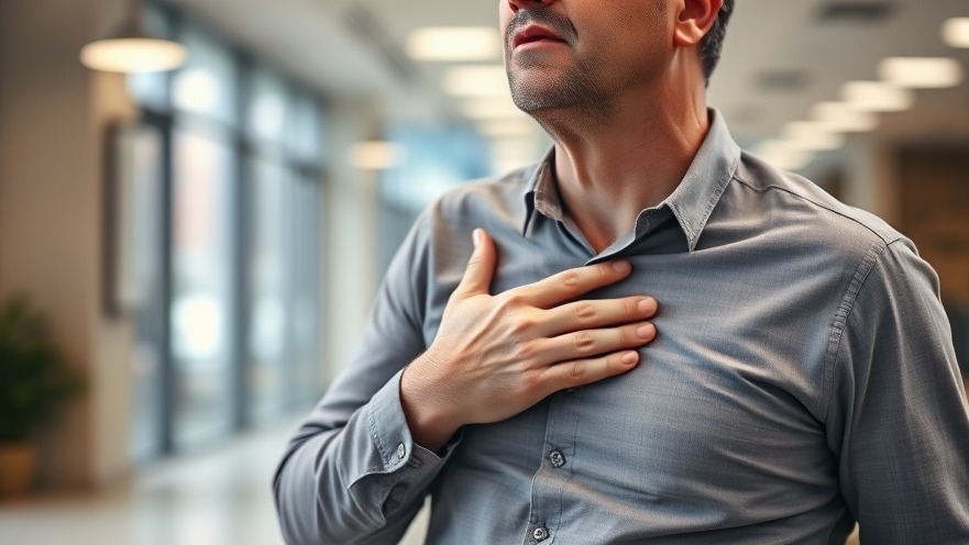 Photorealistic image of a middle-aged man gasping for air, distressed by pulmonary embolism, highlighting health advancements.