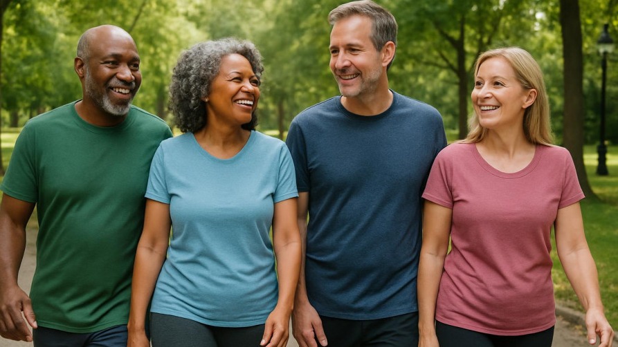 Diverse group enjoying daily routines in park for cognitive health and well-being.
