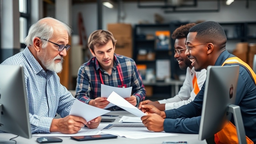 Diverse workplace meeting with young and old black and white workers collaborating.