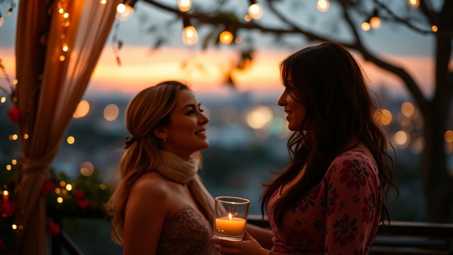 Two women in a romantic setting discussing LGBTQ+ health policies and mental health implications.