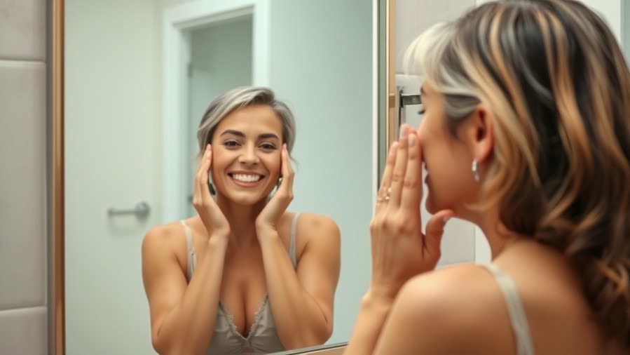 Middle-aged Hispanic woman smiling at her reflection, showcasing anti-aging skincare benefits.