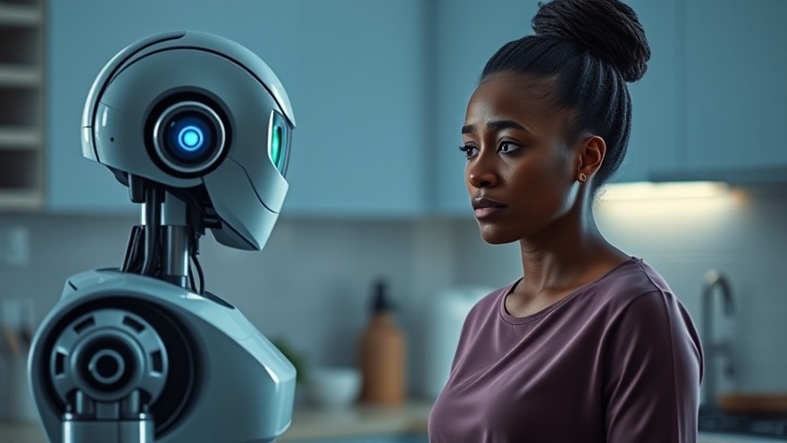 Black woman consulting a robot in her kitchen for an AI health diagnosis.