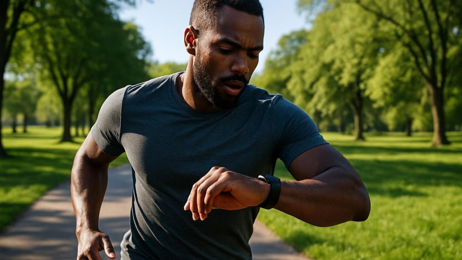Black male runner checking watch for fitness stats in sunlight, showcasing health technology.