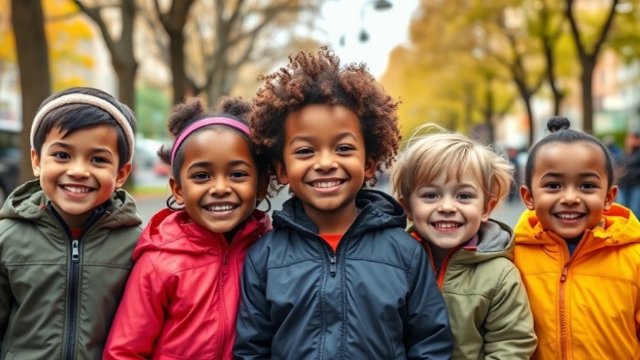 Smiling children of diverse ethnicities in colorful jackets, showcasing health statistics in a vibrant urban setting.