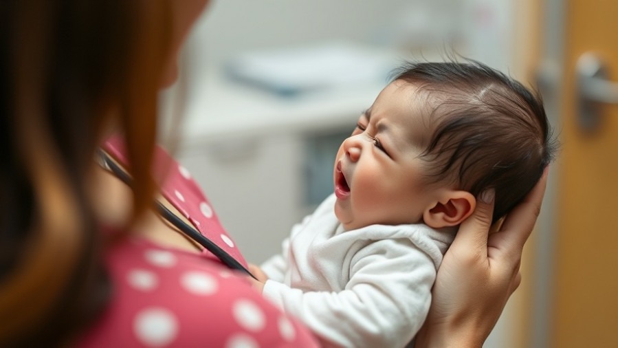 Mother comforts crying baby as doctor examines for health and wellness.