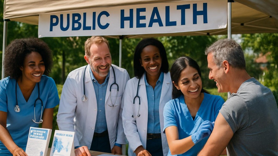 Diverse healthcare professionals engage the community on vaccine trust at a public health booth.