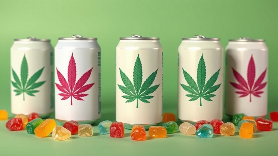 Wellness beverages and gummies on a green background, promoting mental health.