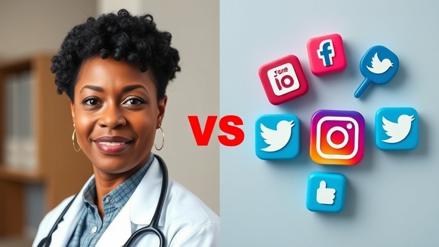 Middle aged black female doctor vs social media icons promoting health information.