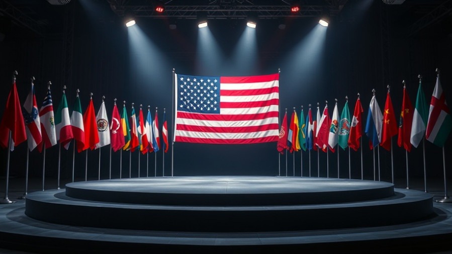 United States flag surrounded by global health initiatives flags under spotlights