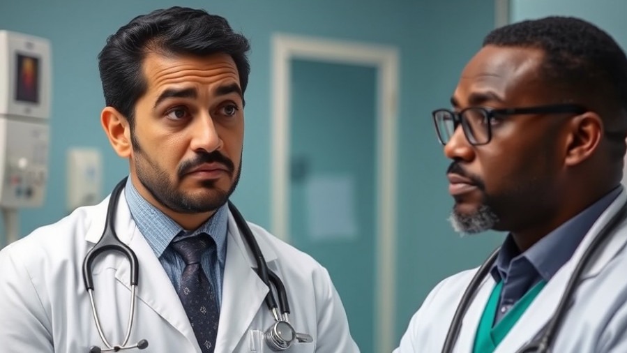Hispanic doctor puzzled discussing medical negligence analysis with a Black colleague.