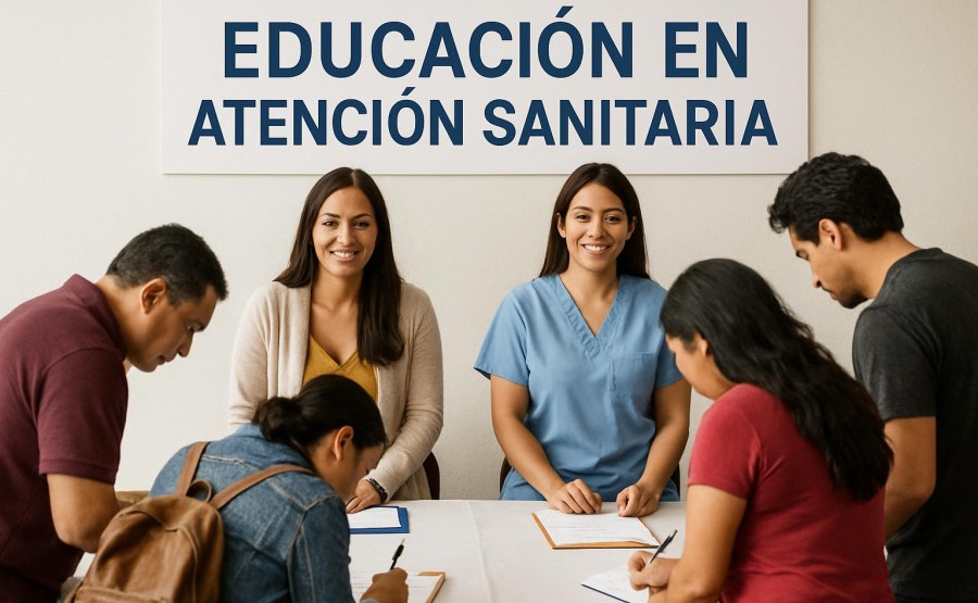 Hispanic women at a community health initiative educating on health care disparities.