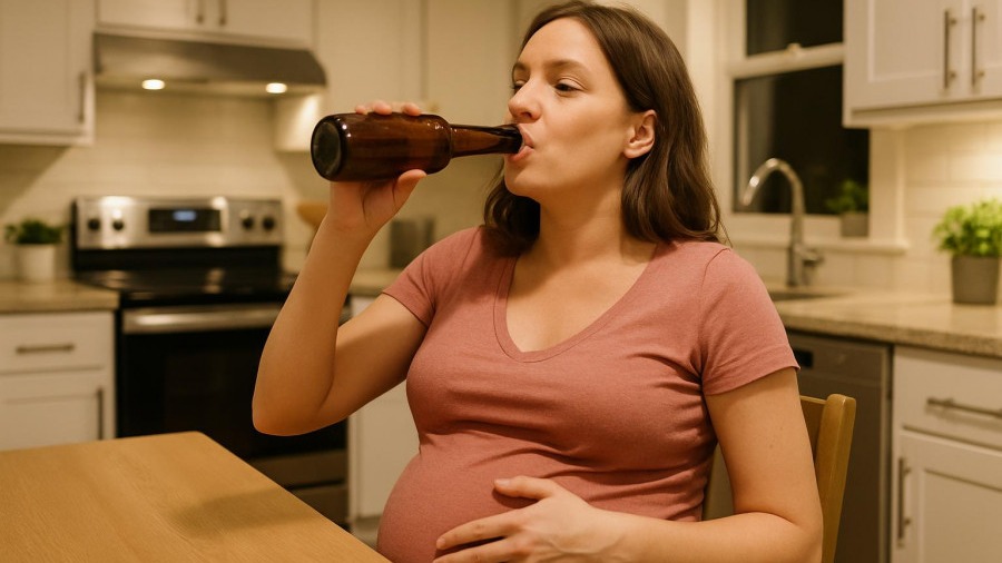 Pregnant woman at home, highlighting binge drinking rates and pregnancy health statistics.