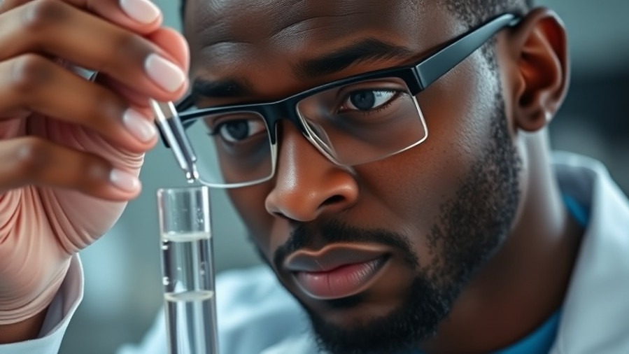 Black male scientist analyzing PFAS in a test tube for environmental health.