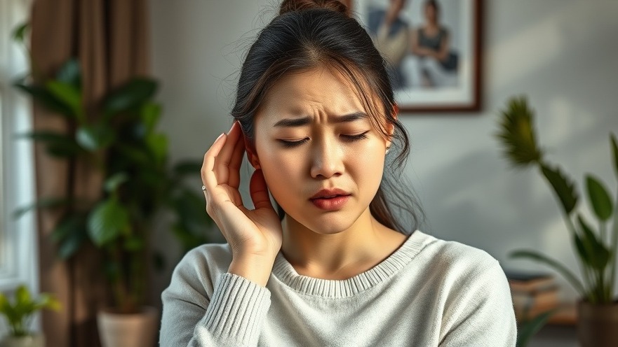 Young woman experiencing ear pain relief with natural remedies like garlic and ginger.