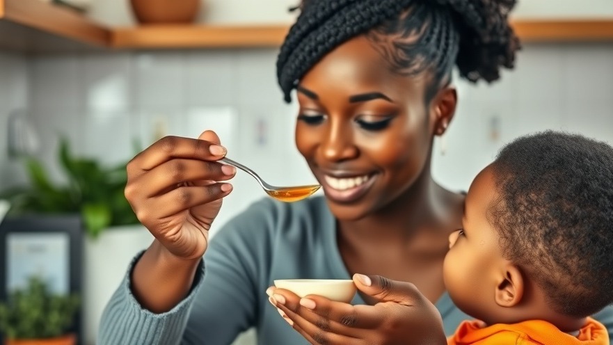 Black mother offers honey to son, showcasing holistic health and benefits of natural remedies.