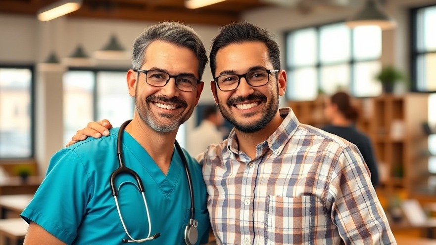 Two cheerful men in medical attire promoting health advocacy and philanthropy.