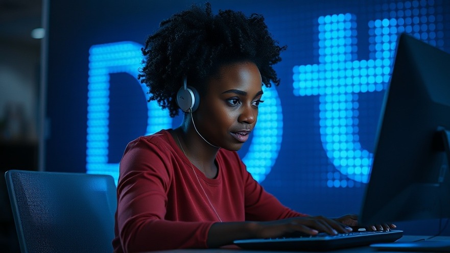 Black woman using computer for AI in healthcare and patient safety.