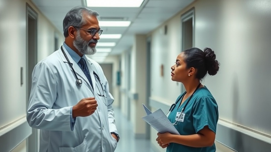 Indian doctor discussing healthcare professionals relationships with a Black nurse in a hospital.