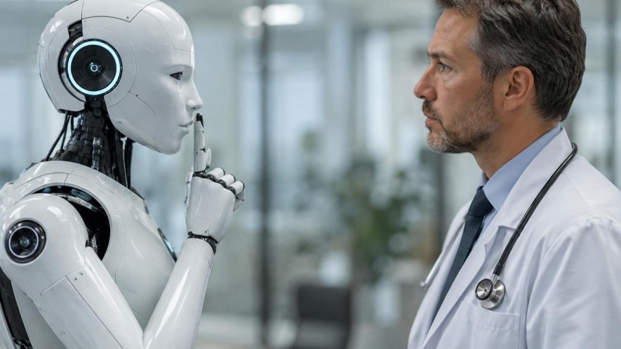 Robot signaling quiet in a professional office, showcasing health care technology and clinical documentation.
