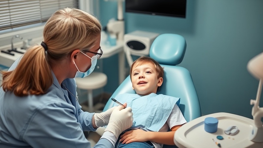 Child in dental chair for children's dental care, parent discussing dental anesthesia safety.