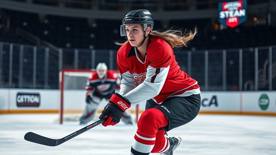 Woman in red and white hockey uniform skating towards goal, showcasing women's ice hockey and athletic empowerment.