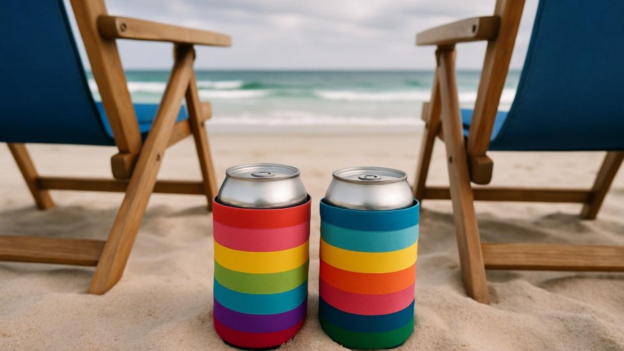 Colorful koozy covers ready-to-drink cocktails on a beach, evoking health-conscious drinking.