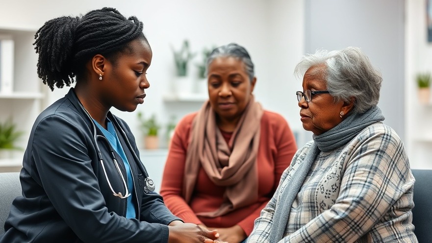 Black doctor shows empathy in medicine while discussing patient care with a sad patient and mother.
