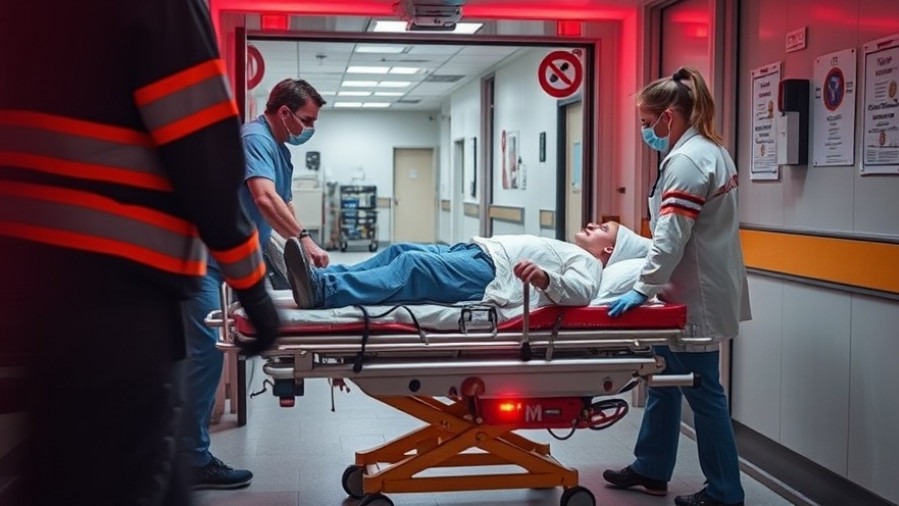 Emergency medical technicians rushing an injured victim for trauma care in a hospital.