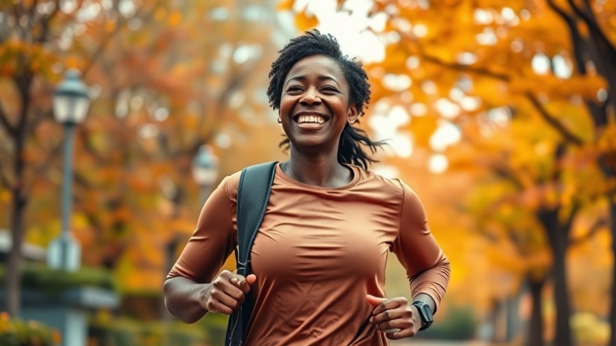Joyful middle-aged black woman jogging in a vibrant park, embodying a health lifestyle.