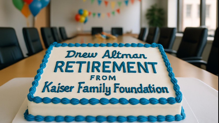 Celebratory retirement cake for Drew Altman, KFF leadership in health trends.