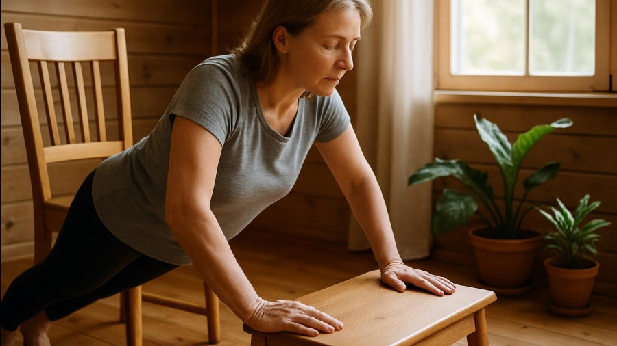 Middle aged woman doing push ups in a cozy room, embodying well-being and strength training.