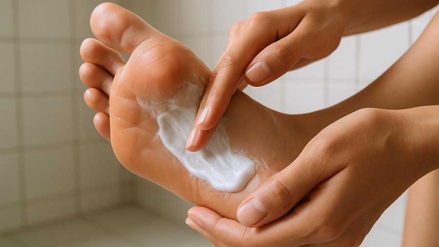 Close-up of foot care wellness with lotion application in a serene bathroom setting.