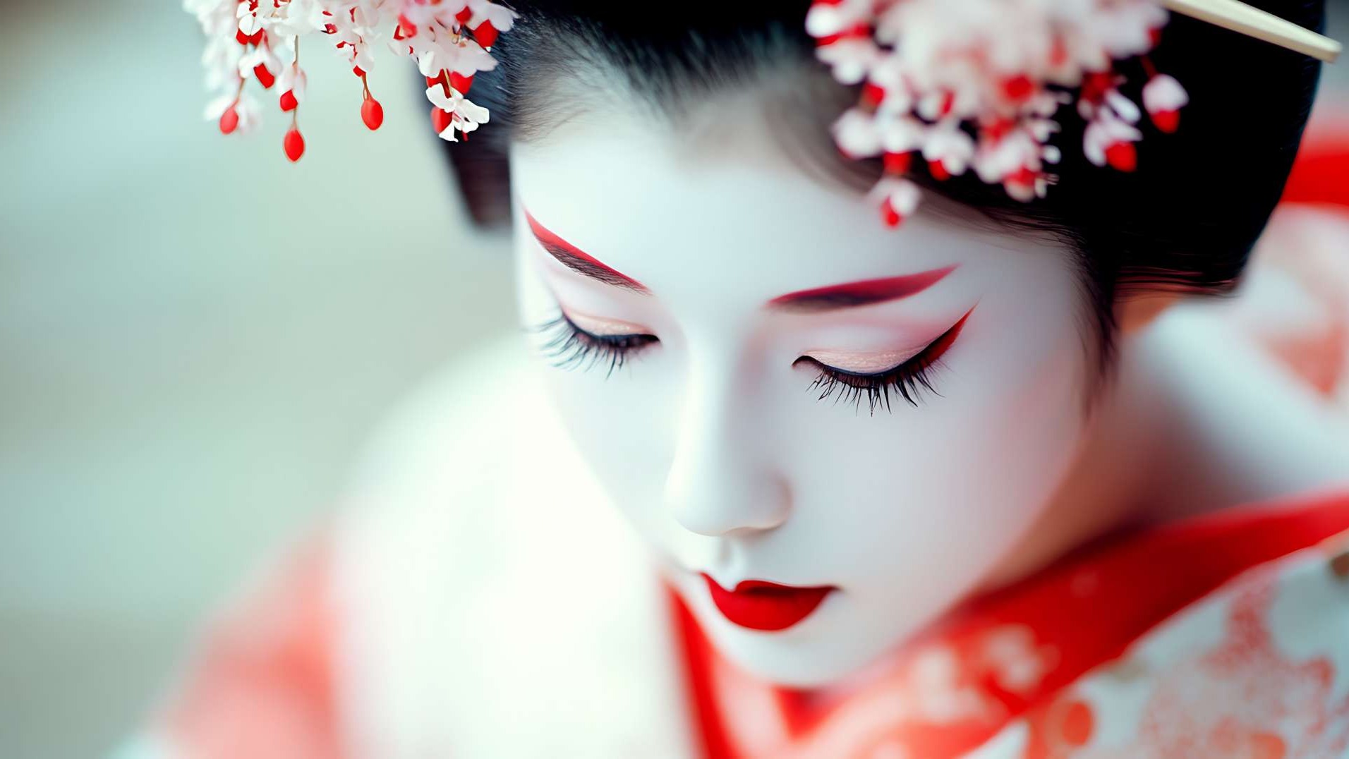 beautiful Japanese geisha, traditional white face makeup contrasted with red, rich colors, diffused sunlight, close up lens.
