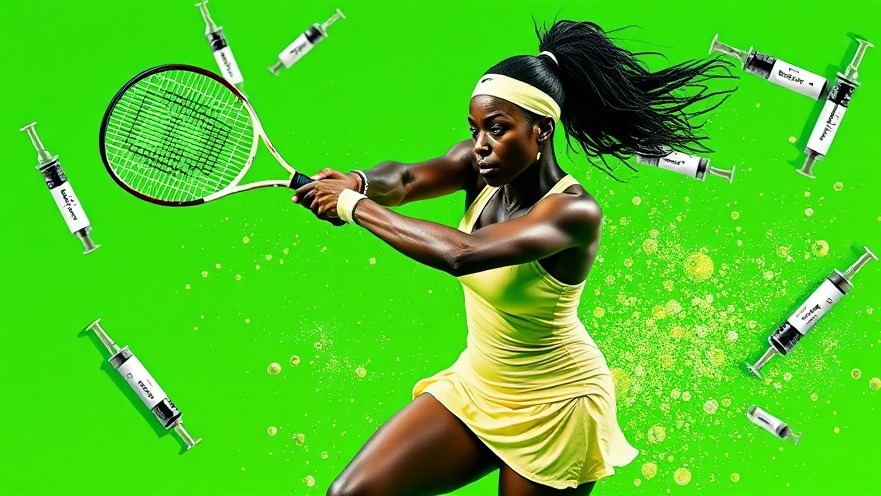 Dynamic black female tennis player mid-swing on green, representing wellness and weight loss.
