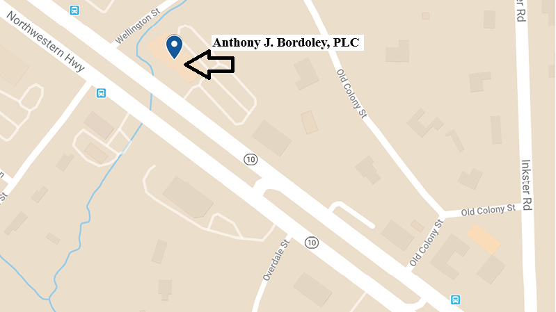 Map showing Anthony Bordoley's office on Northwestern Hwy in Farmington Hills MI