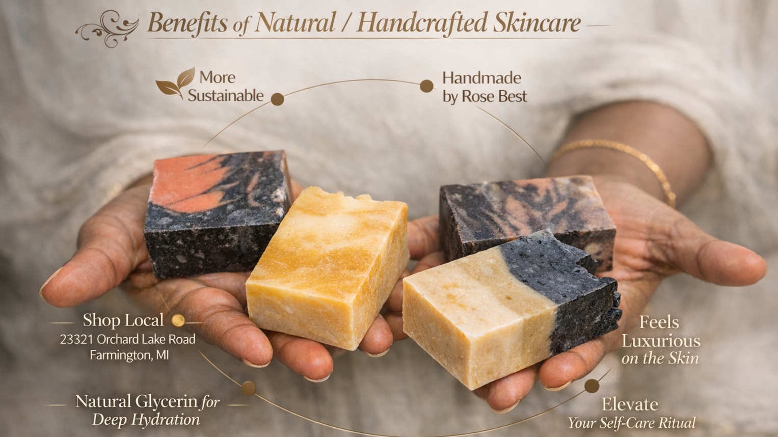 Hands holding natural skincare bars of soap 